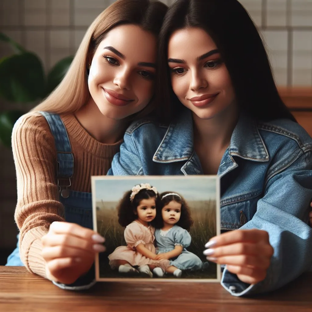 One of the two women friends looks nostalgically at a photo of them when they were children, reflecting on the good times they spent together.