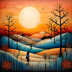 a painting of a person standing in a snowy landscape