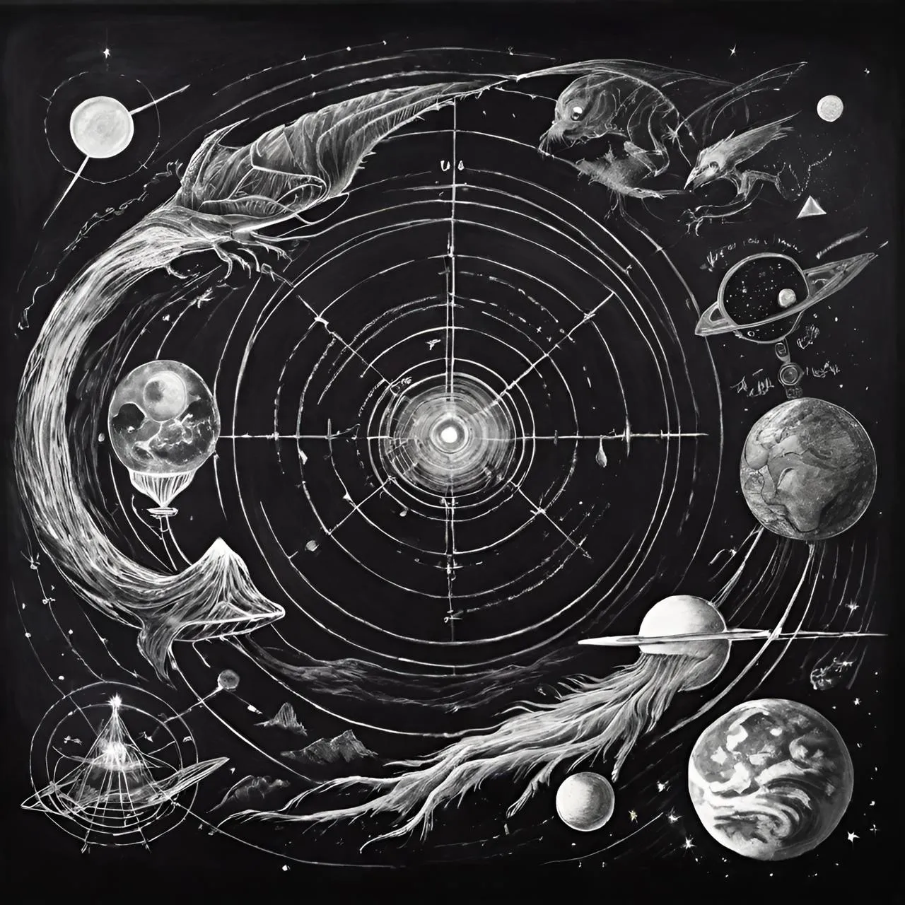 a black and white drawing of the solar system