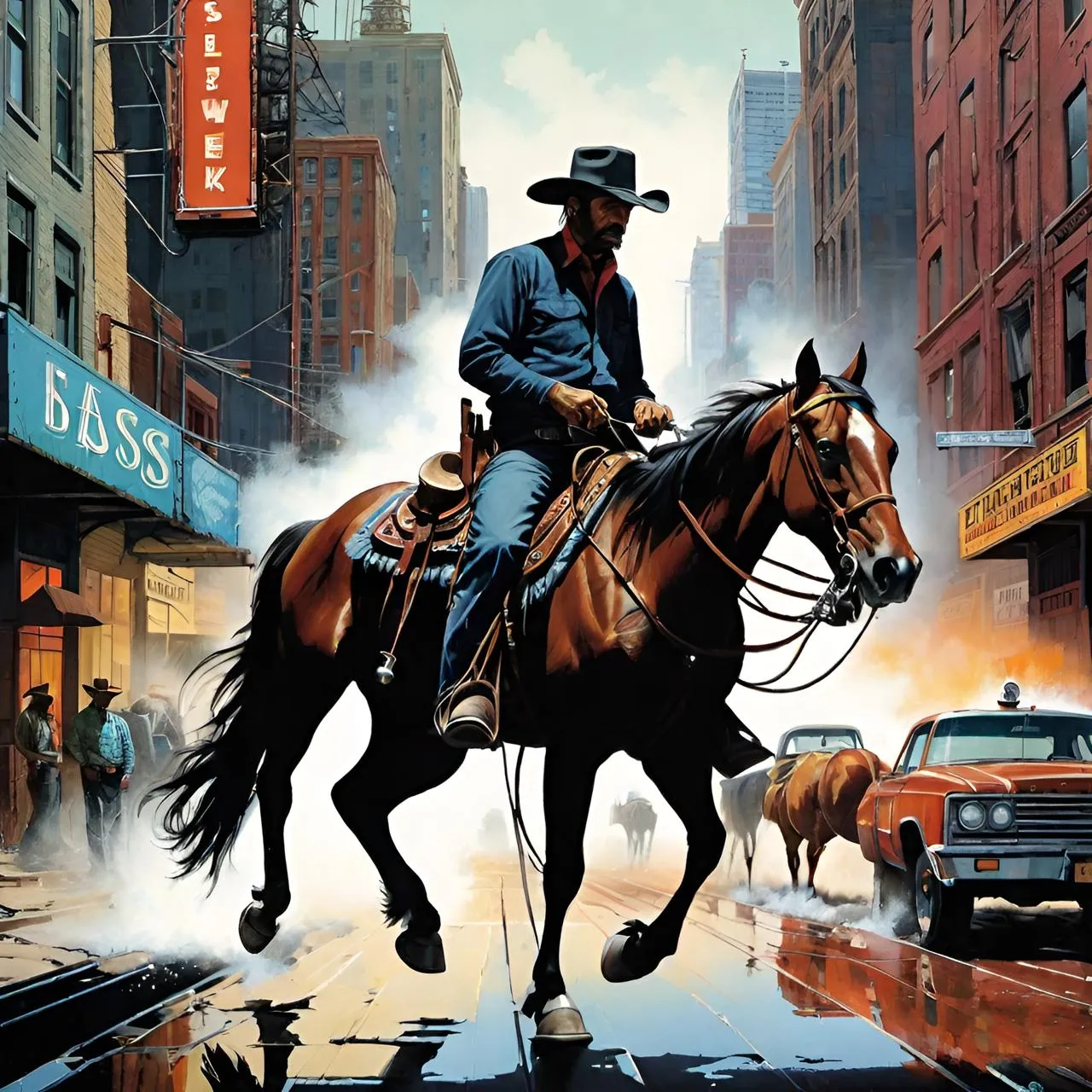 a painting of a man riding a horse through a city