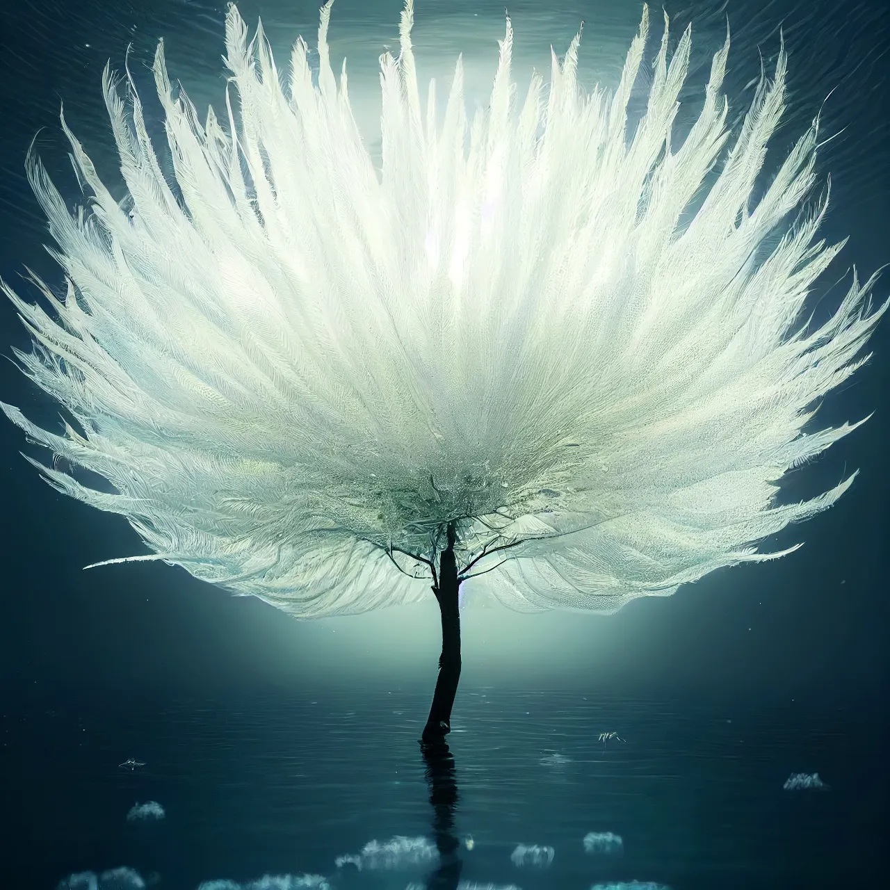 a tree with white feathers floating in the water, 16:9