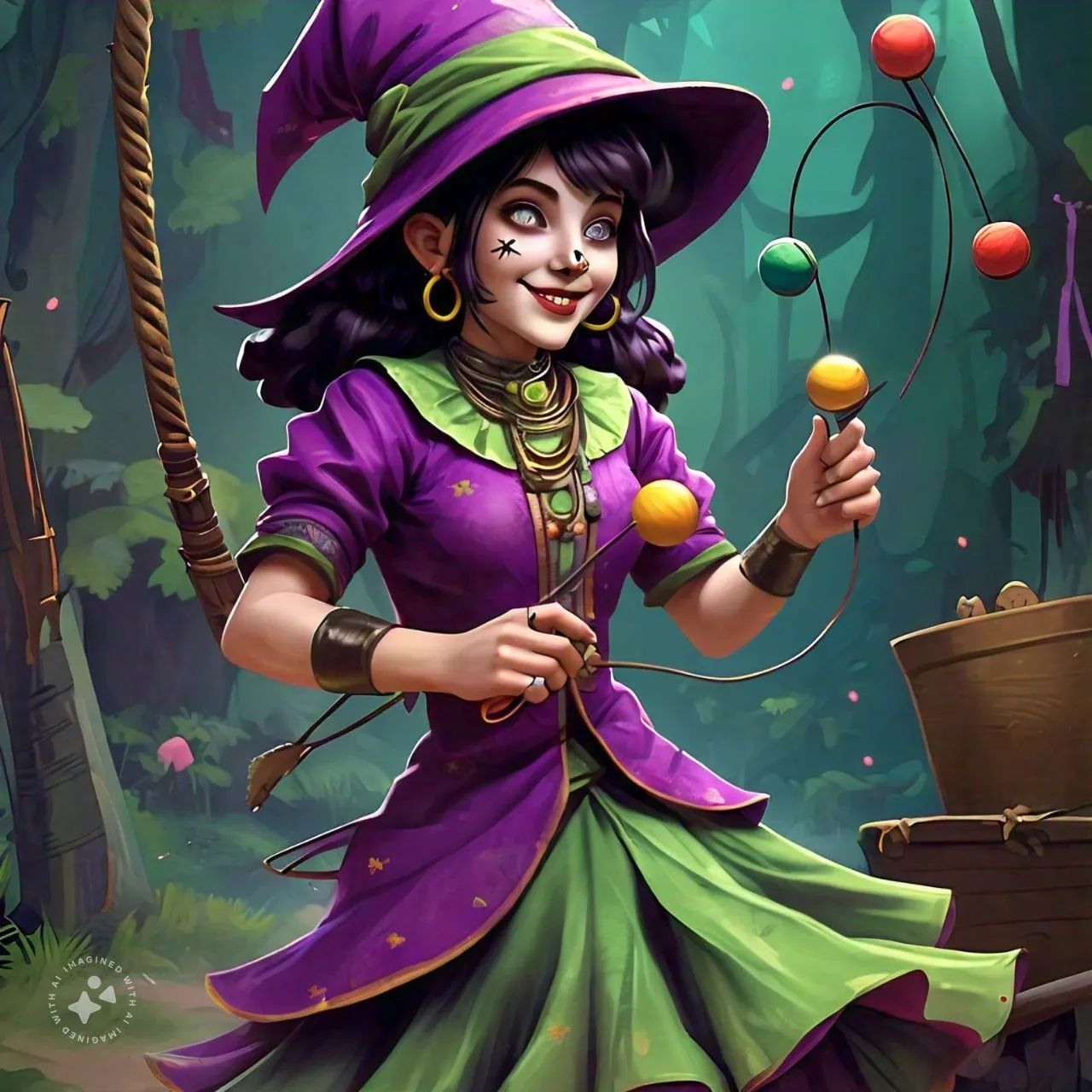 a painting of a woman in a witch costume and playing clackers 