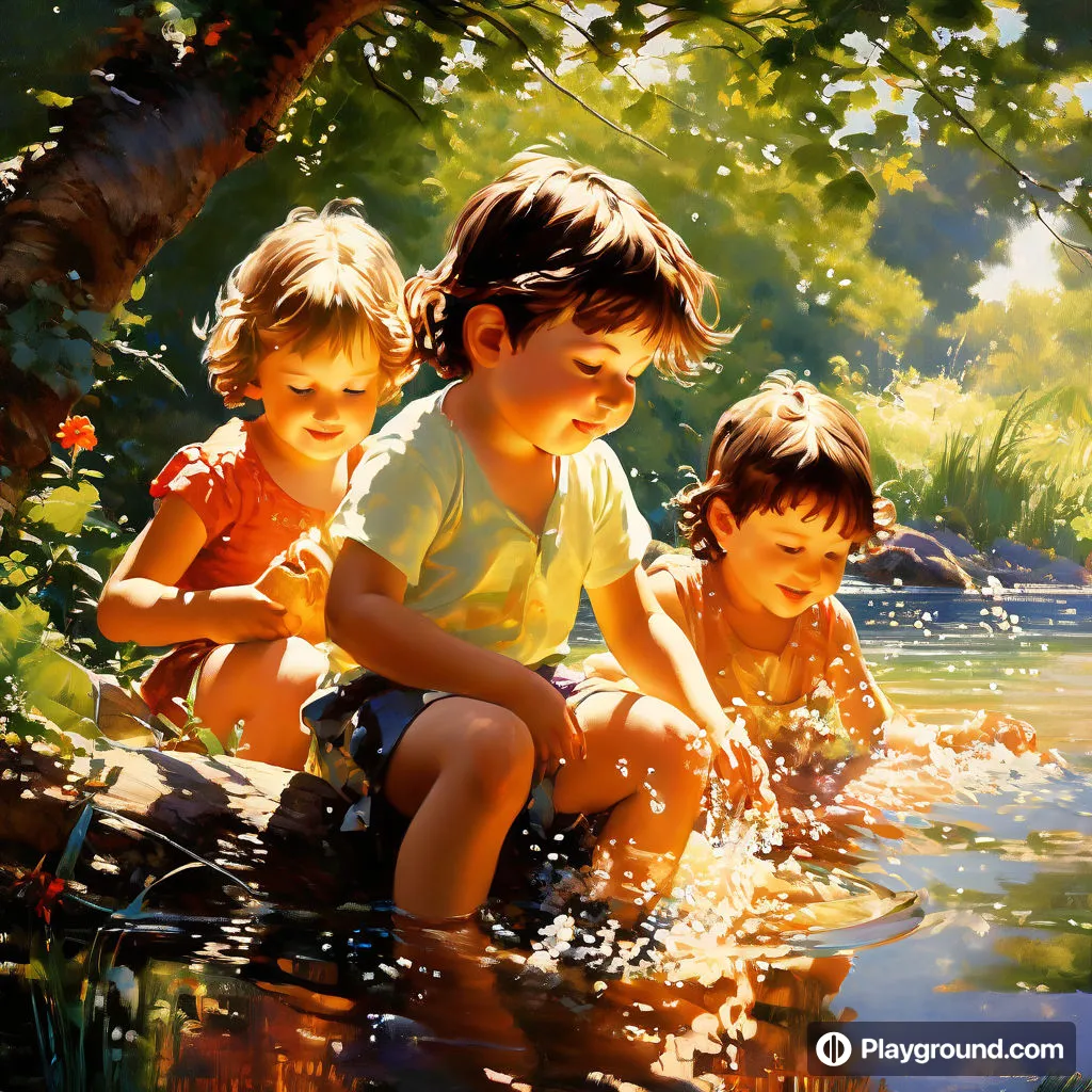 a painting of three children playing in the water