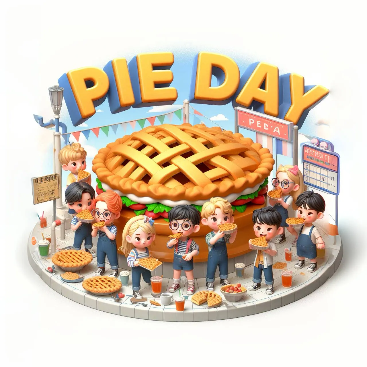 a group of people standing around a giant pie