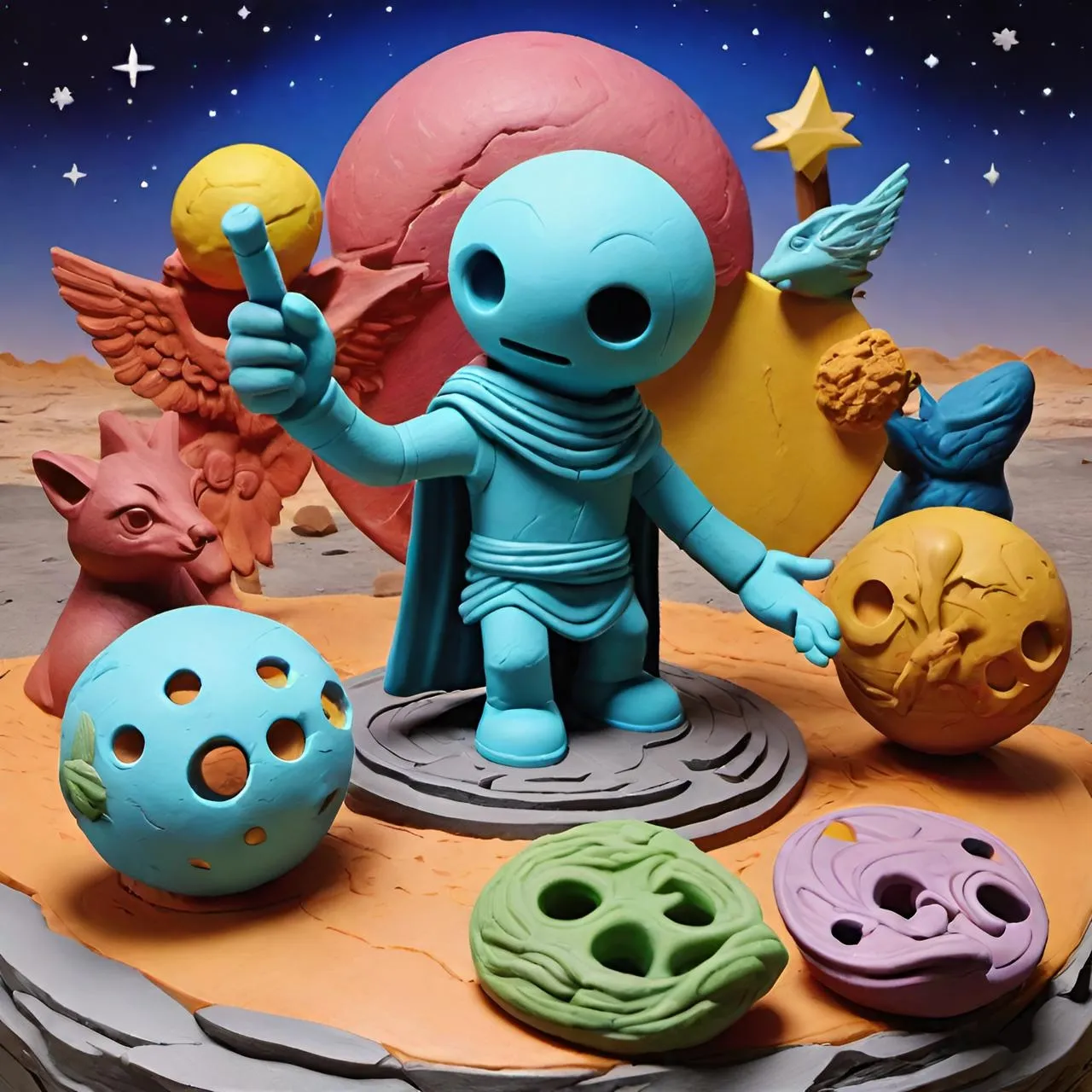 a small alien figurine surrounded by other toys