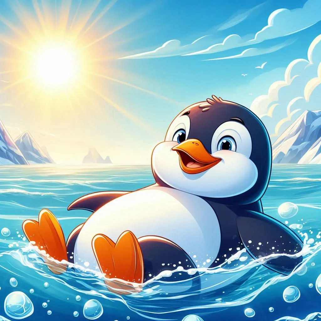 a cartoon penguin swimming in the ocean