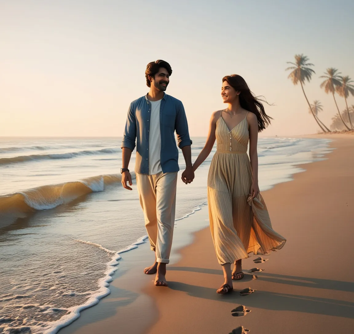 a man and a woman walking on the beach holding hands