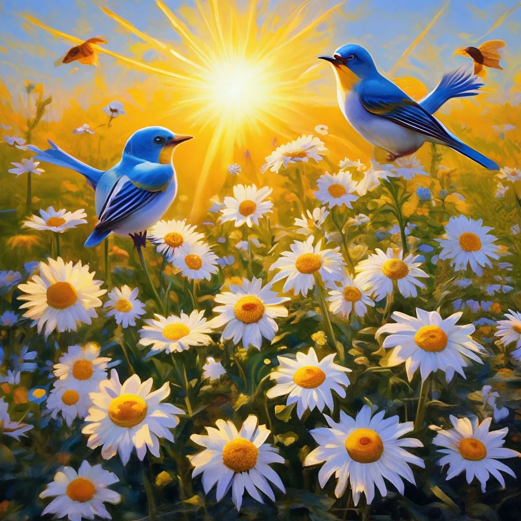 a painting of two birds in a field of daisies