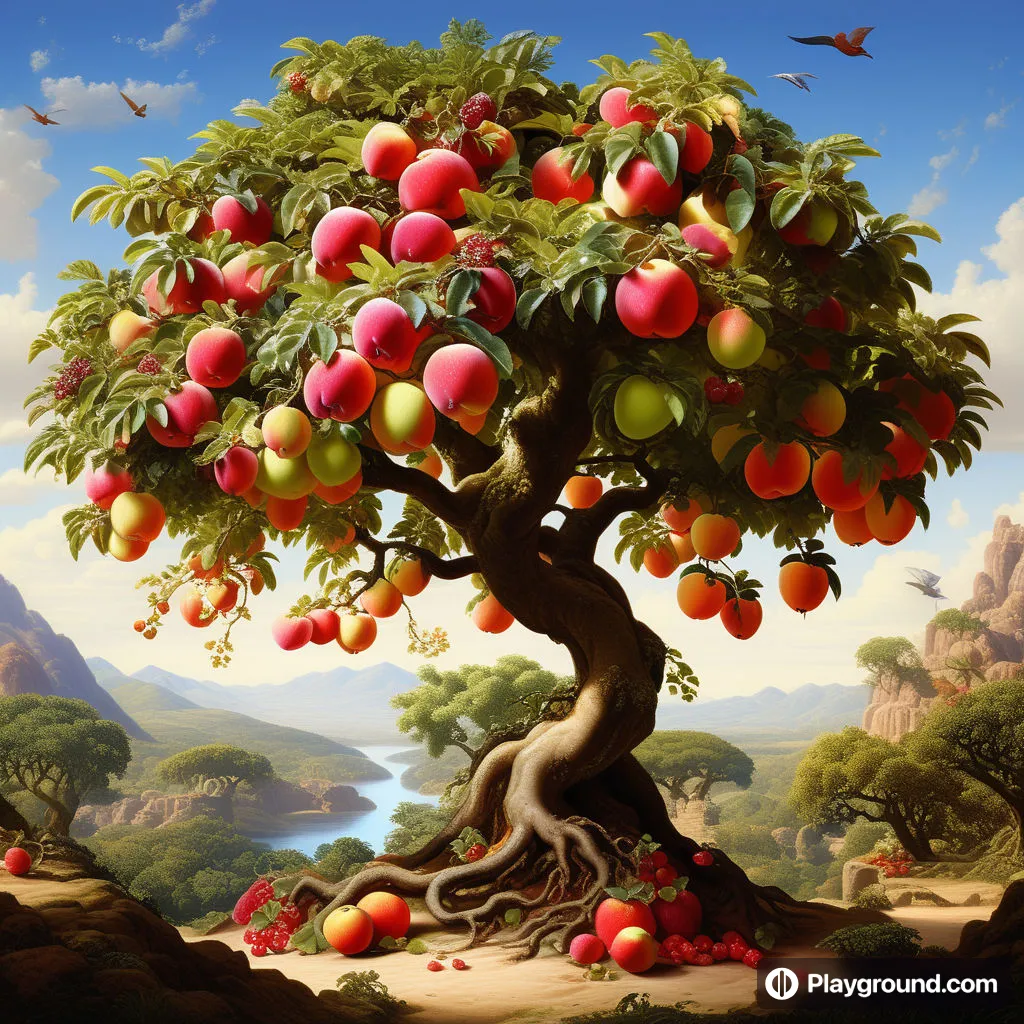 a painting of a tree filled with lots of fruit