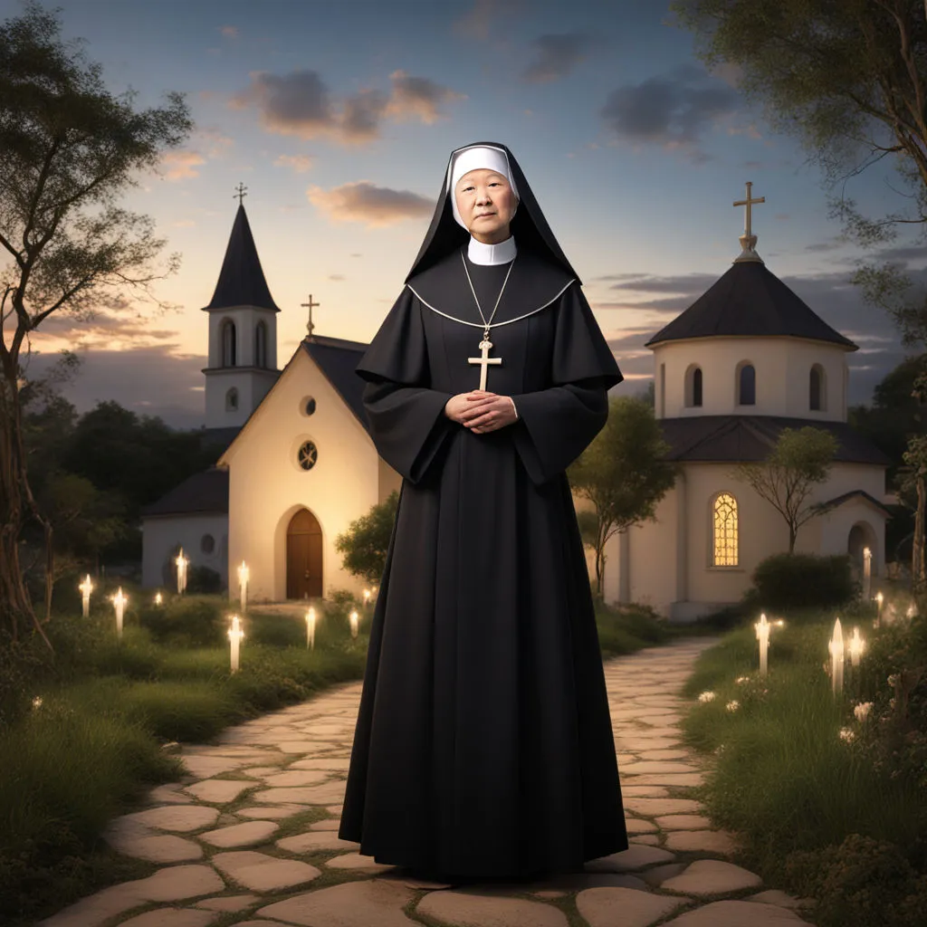 a nun standing in front of a church