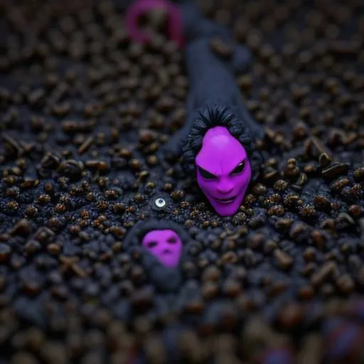 a close up of a purple face on a black surface