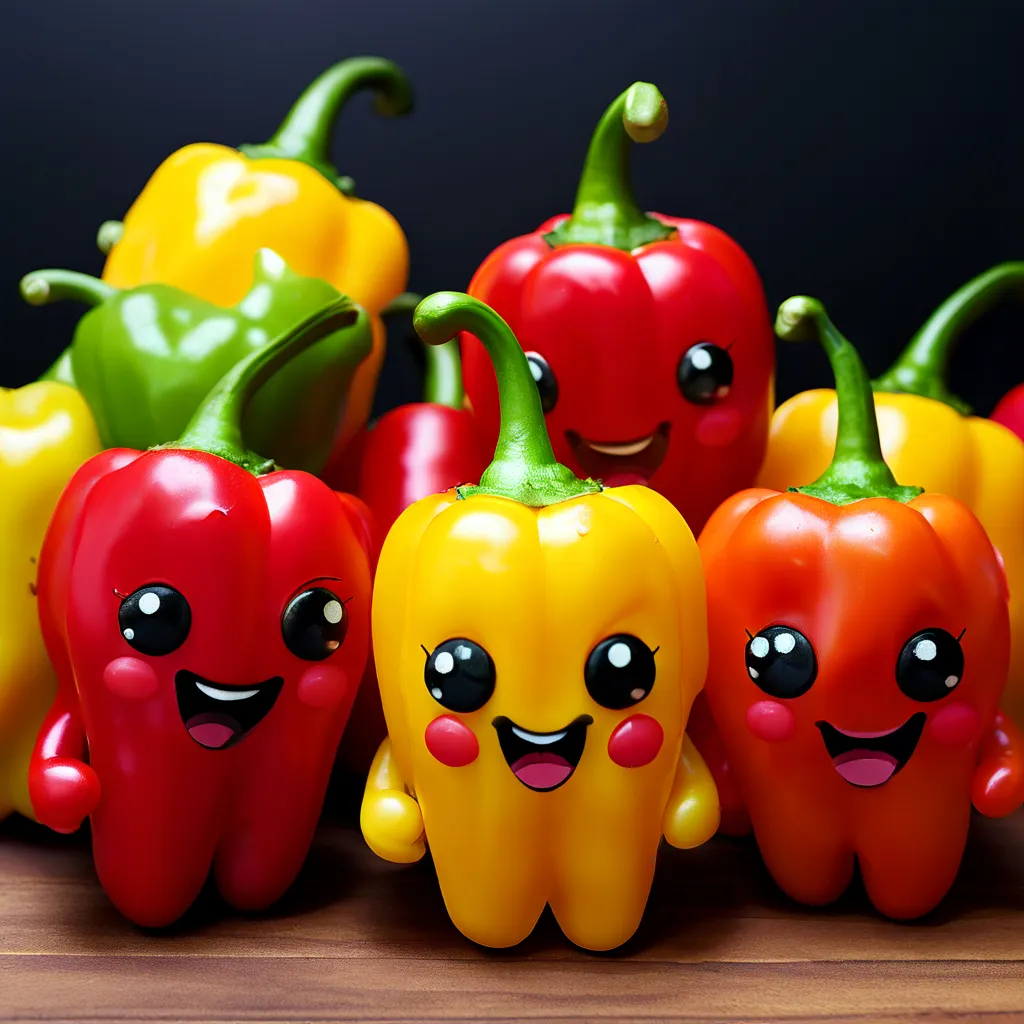 a group of red, yellow and green peppers with faces