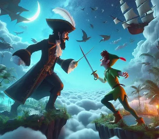 a painting of a pirate and an elf fighting over a pirate ship