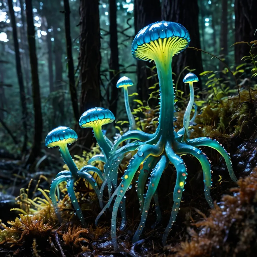 a group of blue and yellow mushrooms in a forest