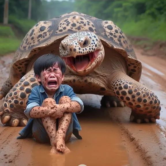 a boy sitting on the ground next to a giant turtle