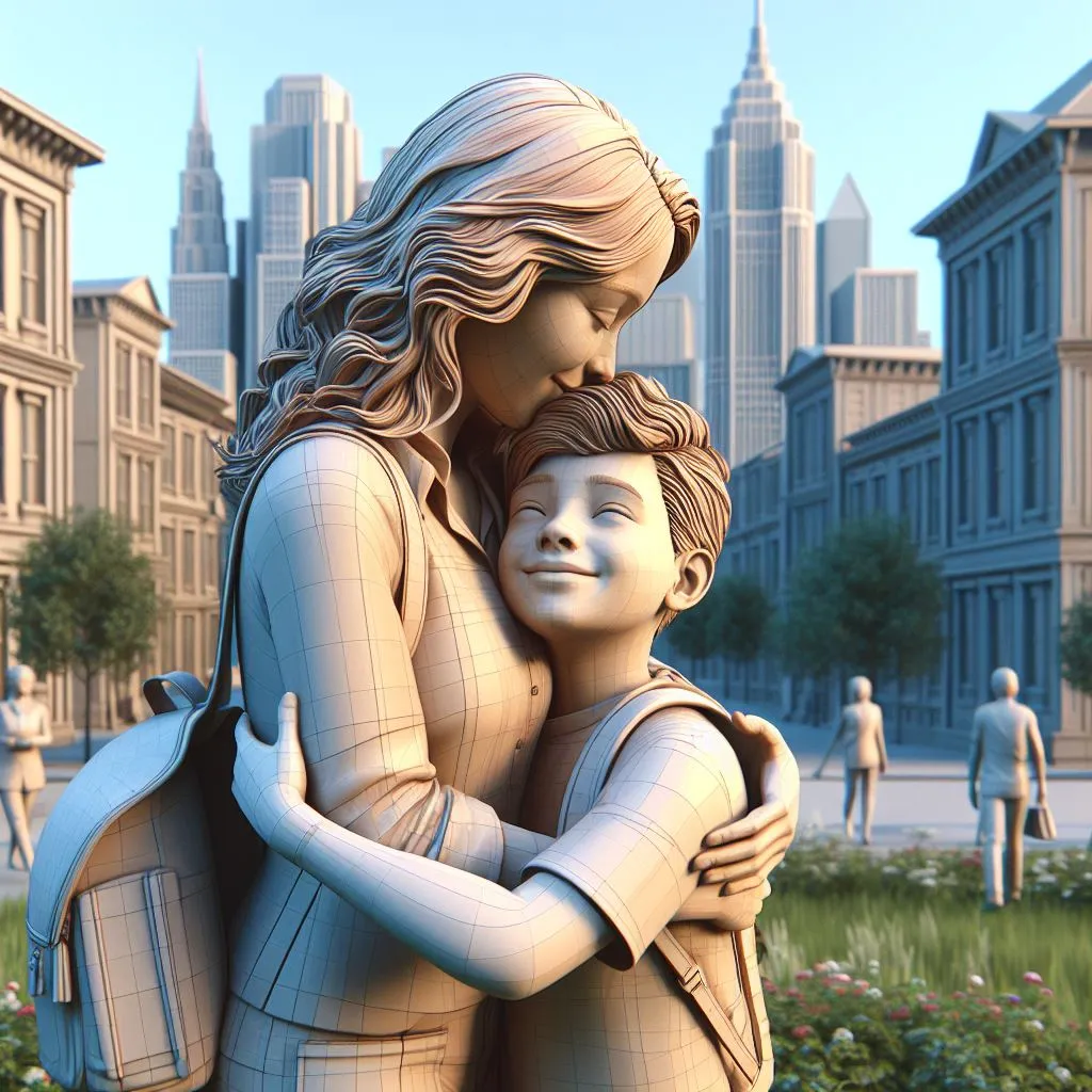 a statue of a woman holding a child,Mother and son hug, keep the original 