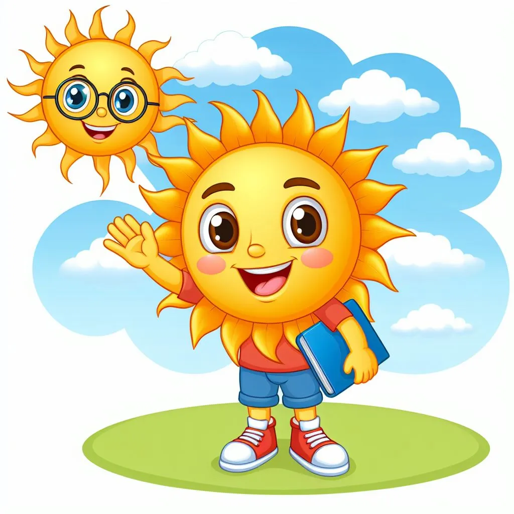 a cartoon sun with glasses holding a book