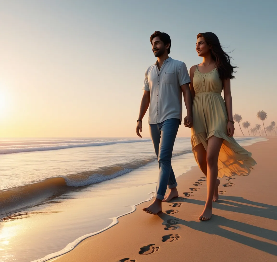 a man and a woman walking on the beach