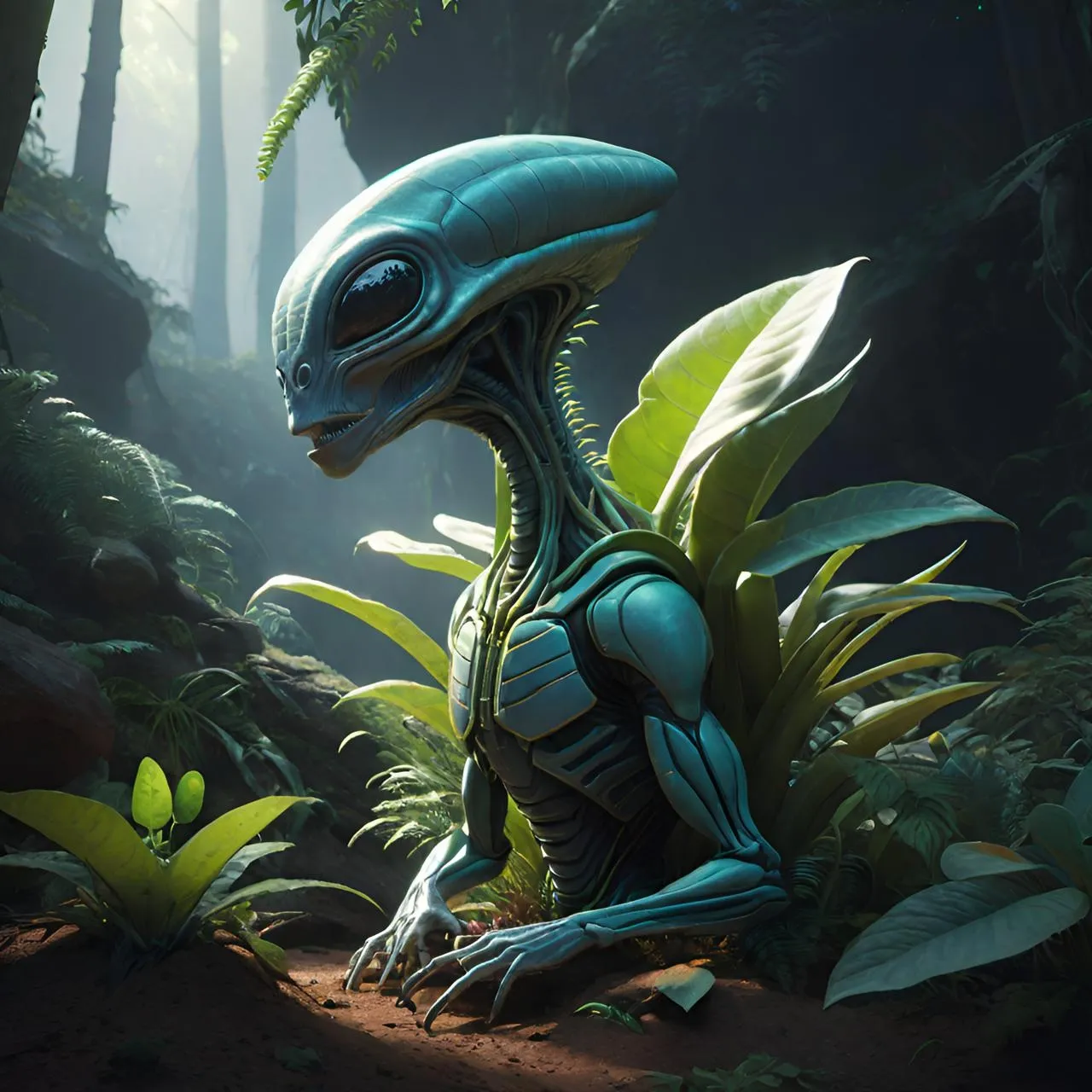 a blue alien sitting in the middle of a forest