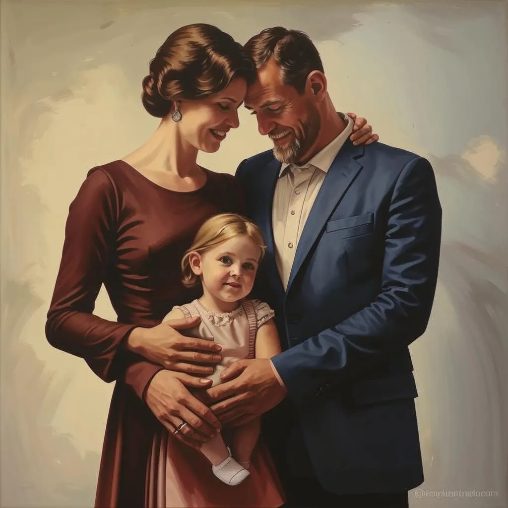 a painting of a man and woman holding a little girl