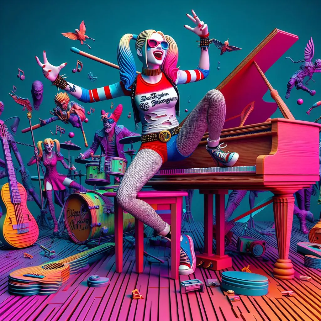 a woman sitting on a piano surrounded by musical instruments