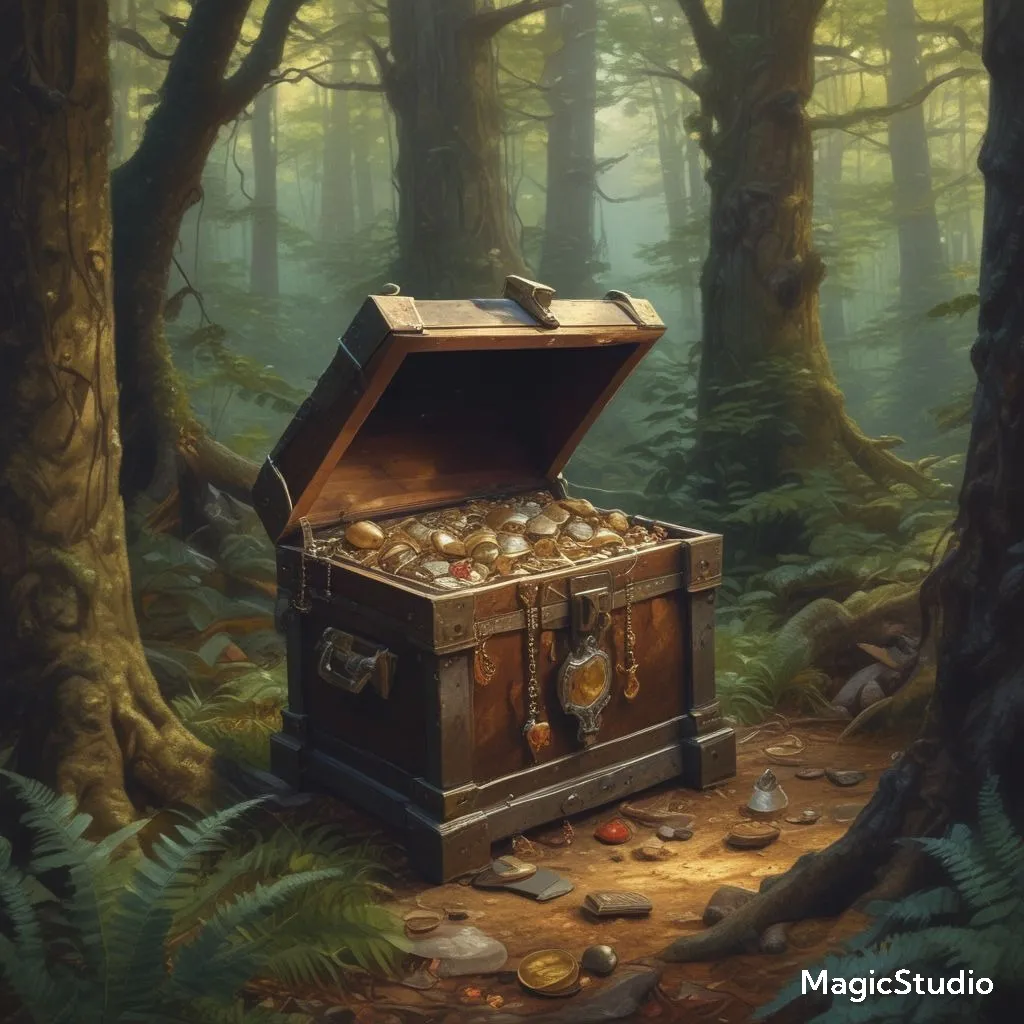 a painting of a chest in the middle of a forest