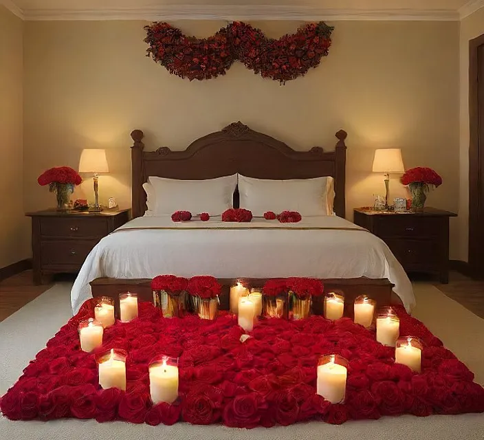 a bed with red roses and candles on it