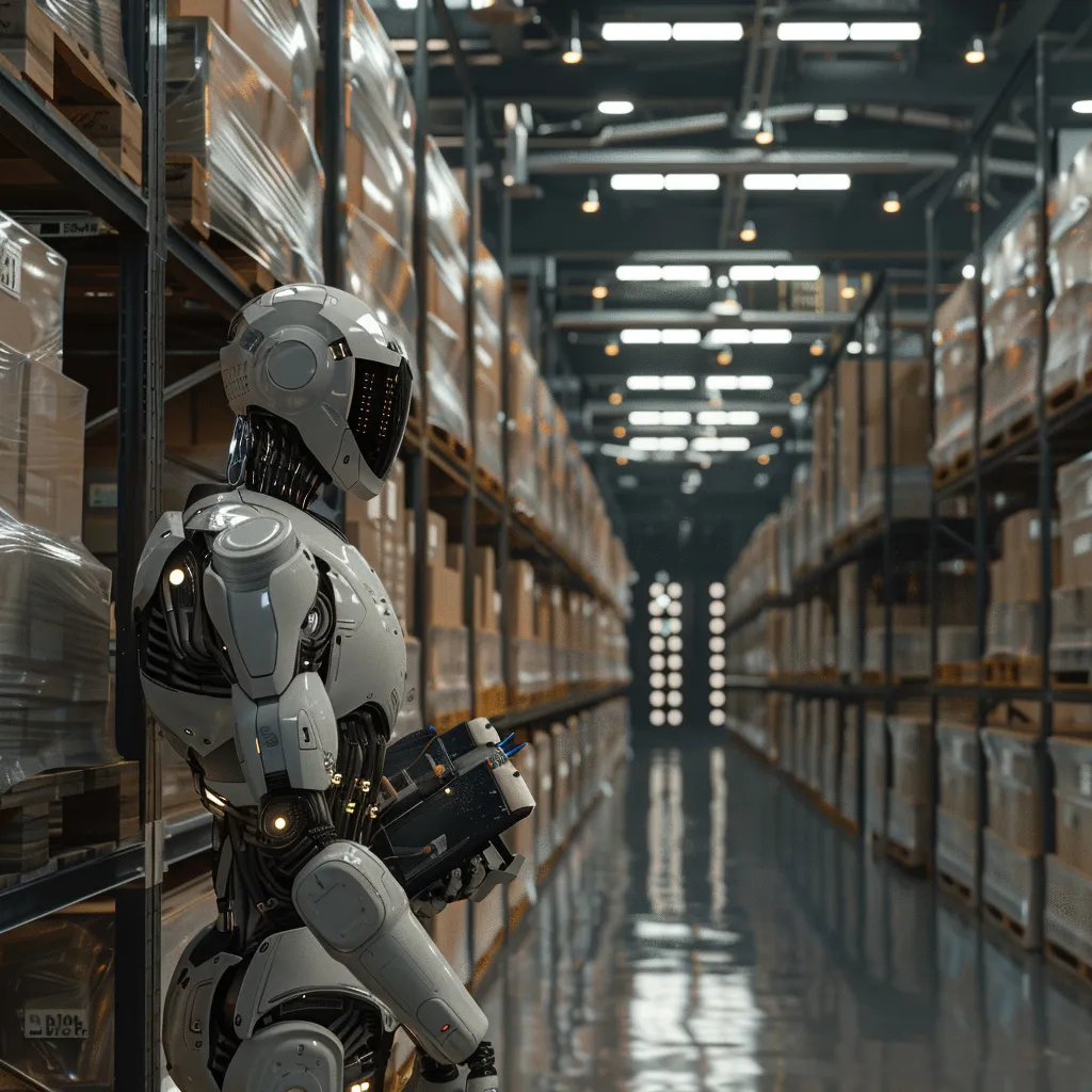 a robot that is standing in a warehouse