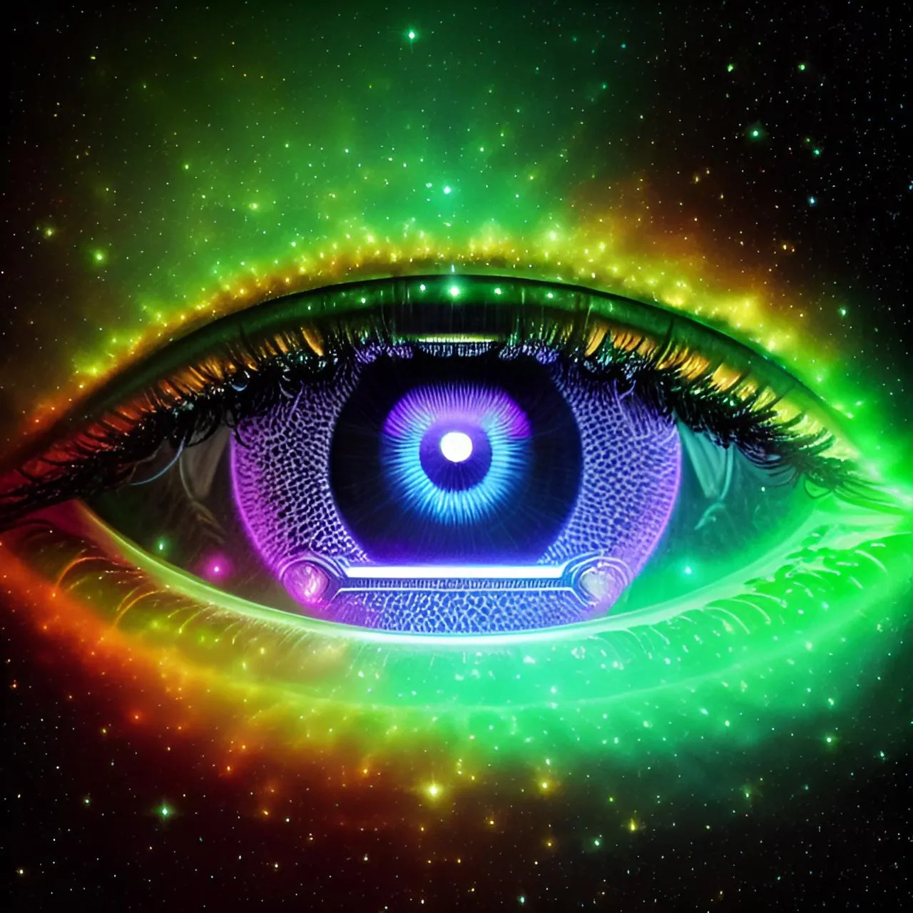 a close up of an eye with bright lights