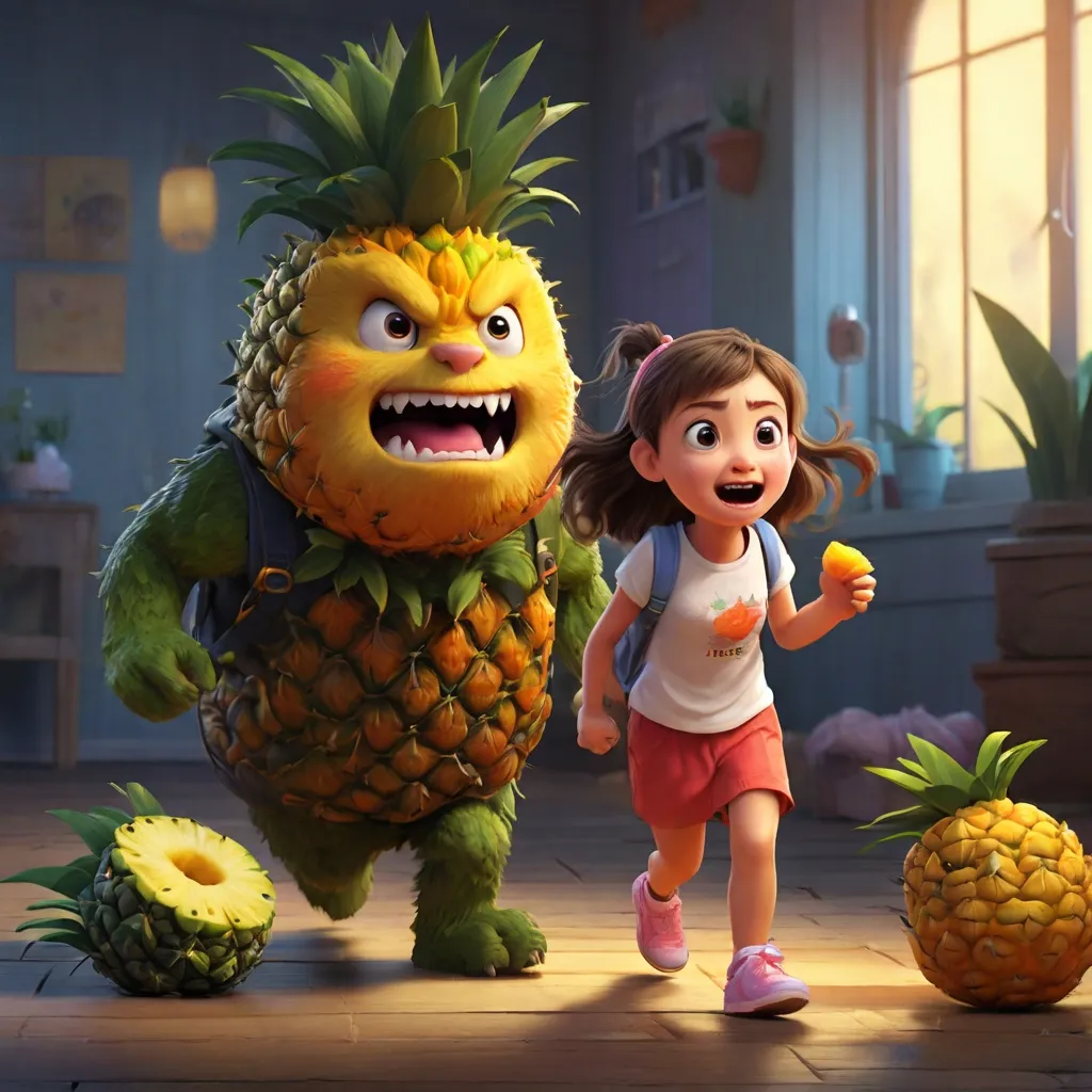 a little girl running away from giant pineapple-monster, high detalization, 4k