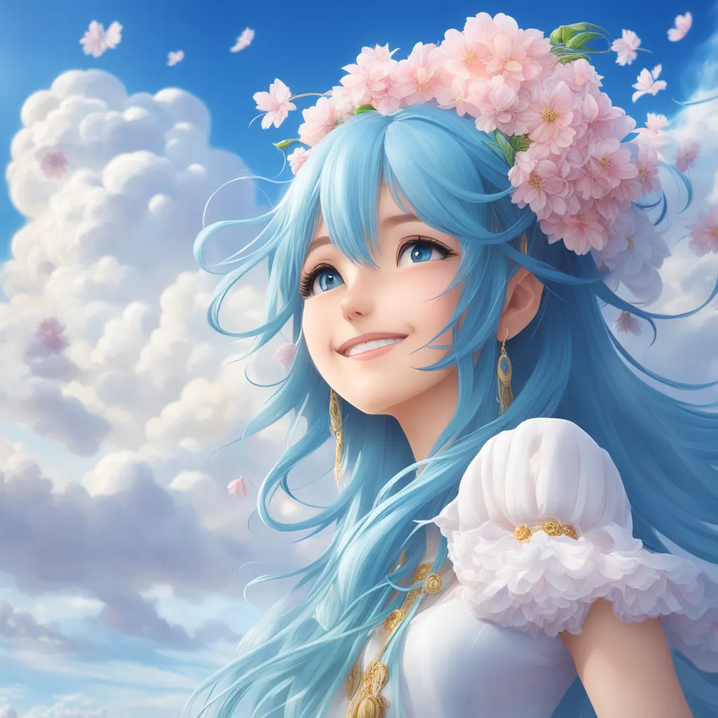 a girl with blue hair and flowers in her hair