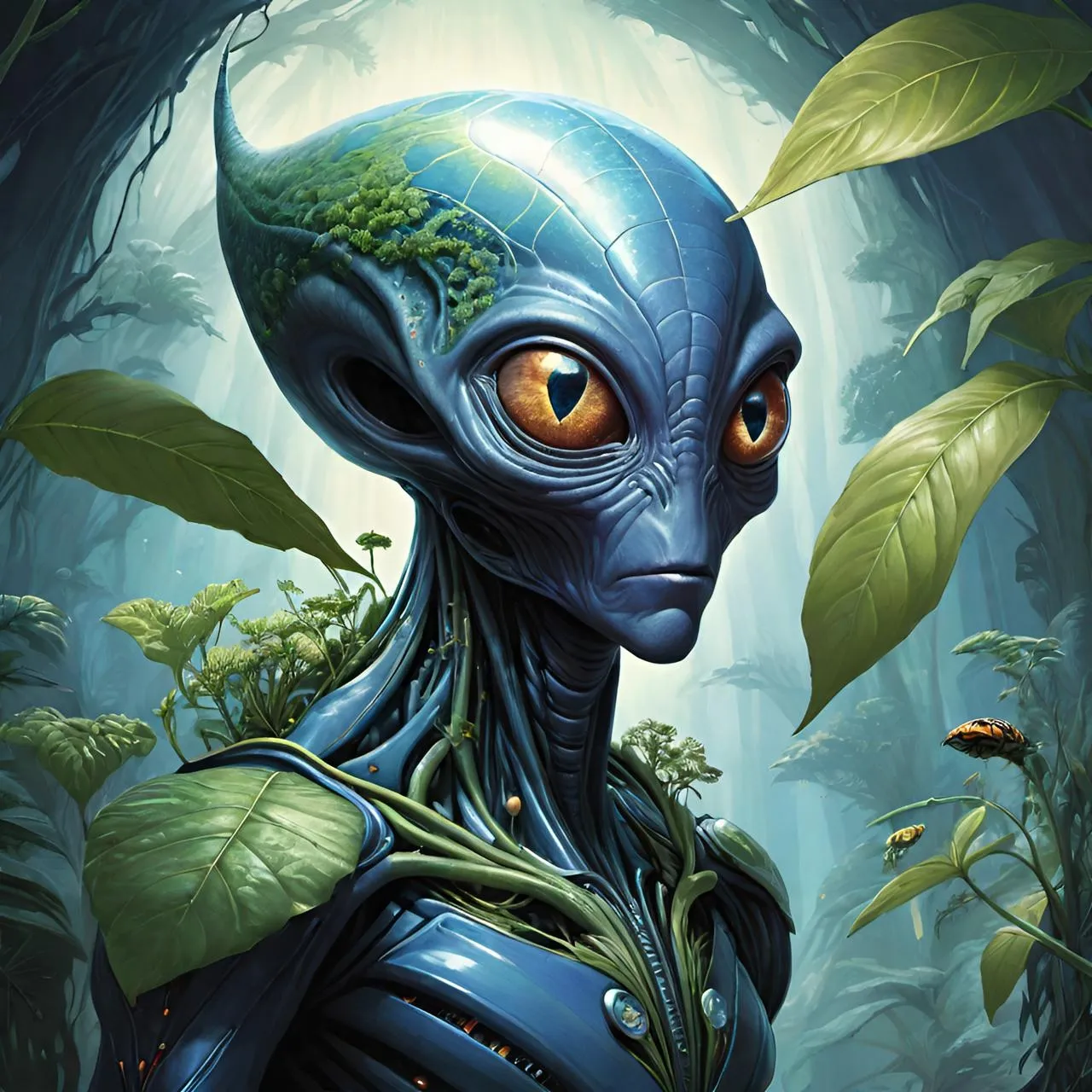 a painting of an alien in a forest