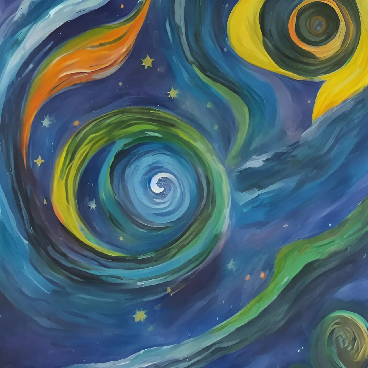 a painting of stars and swirls in the night sky