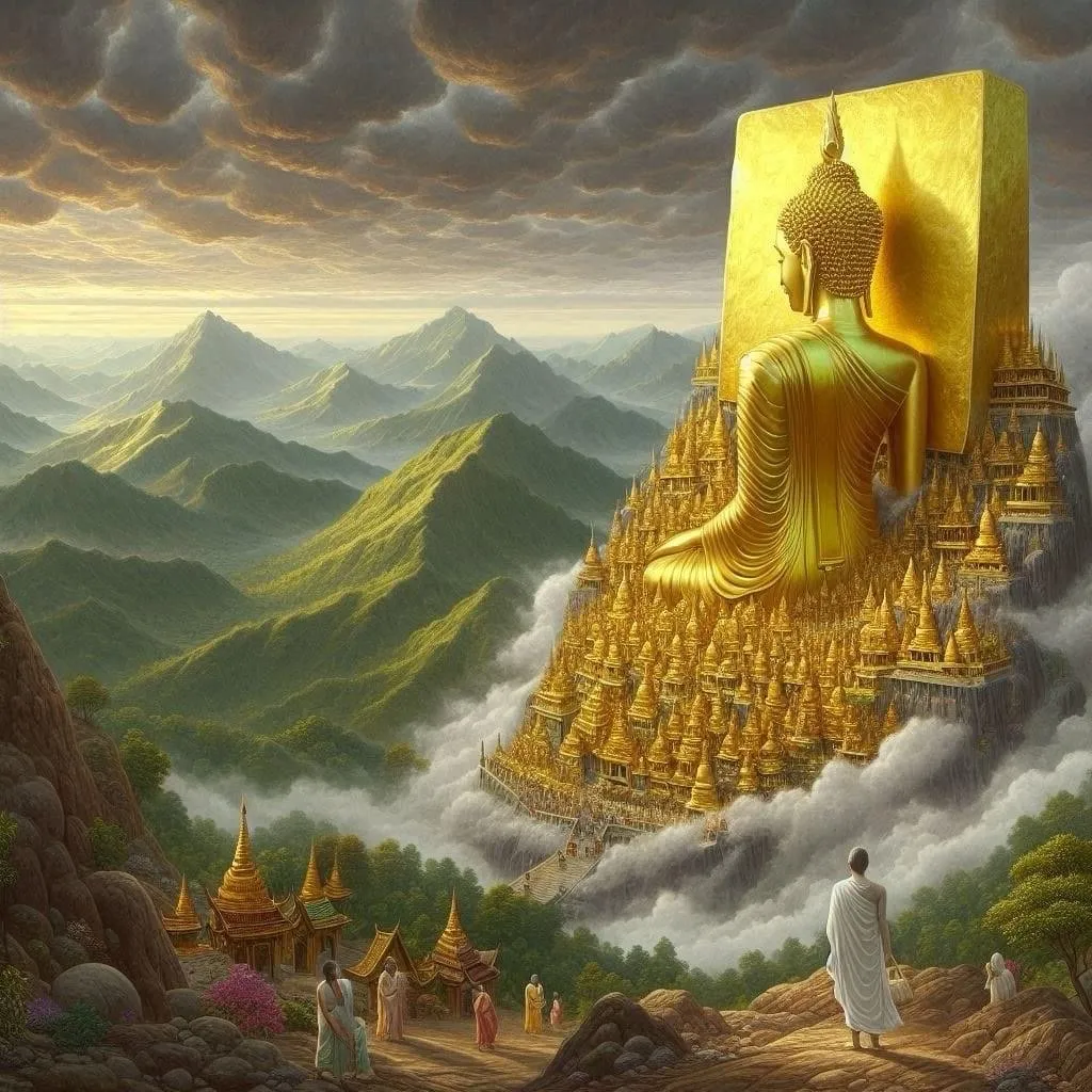 Buddha sitting on the throne with alot stupas , advertising style