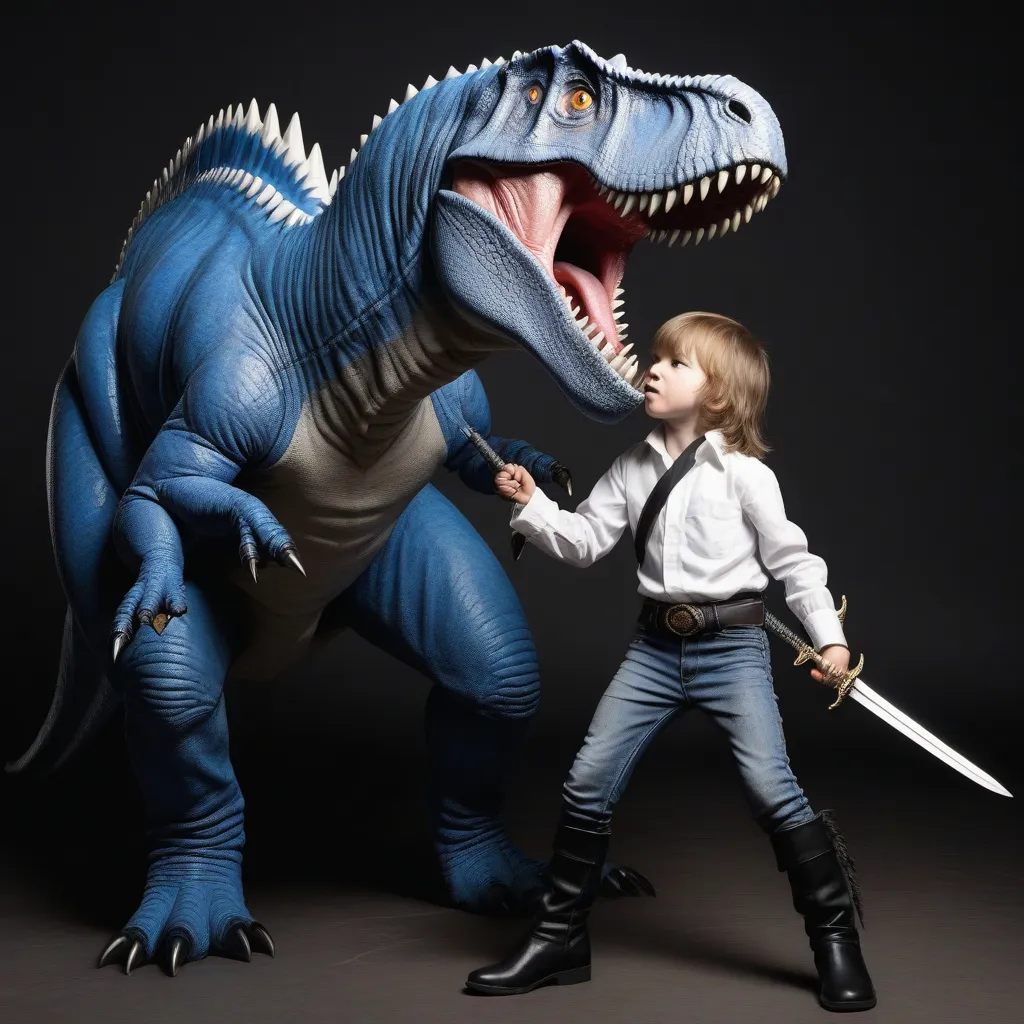 a young boy standing next to a toy dinosaur