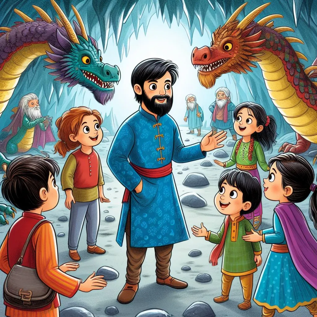 a group of children standing meeting dragons in a cave