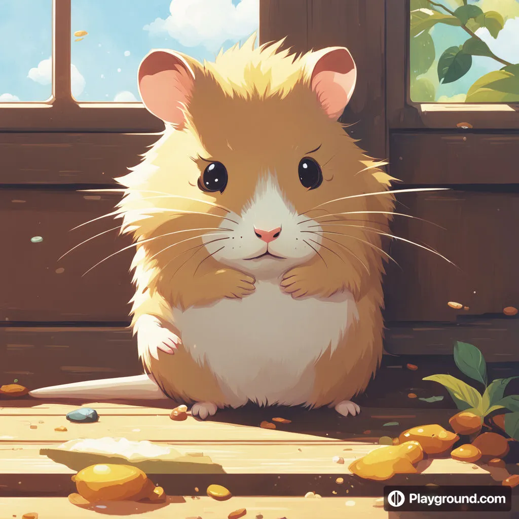 a brown and white hamster sitting in front of a window