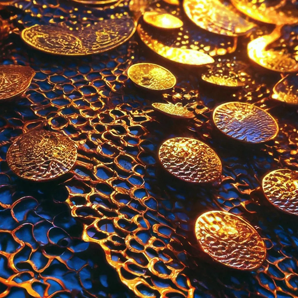 a table topped with lots of gold coins