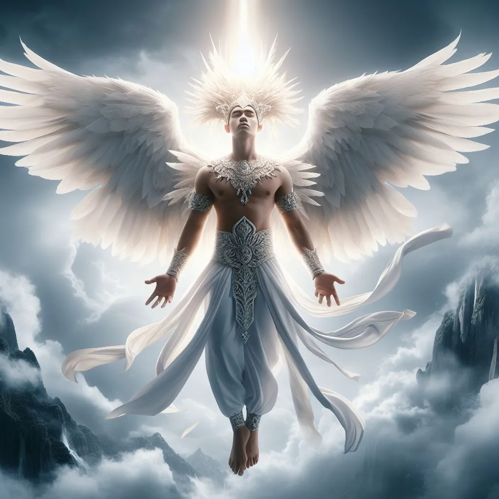 a man with angel wings standing in the clouds