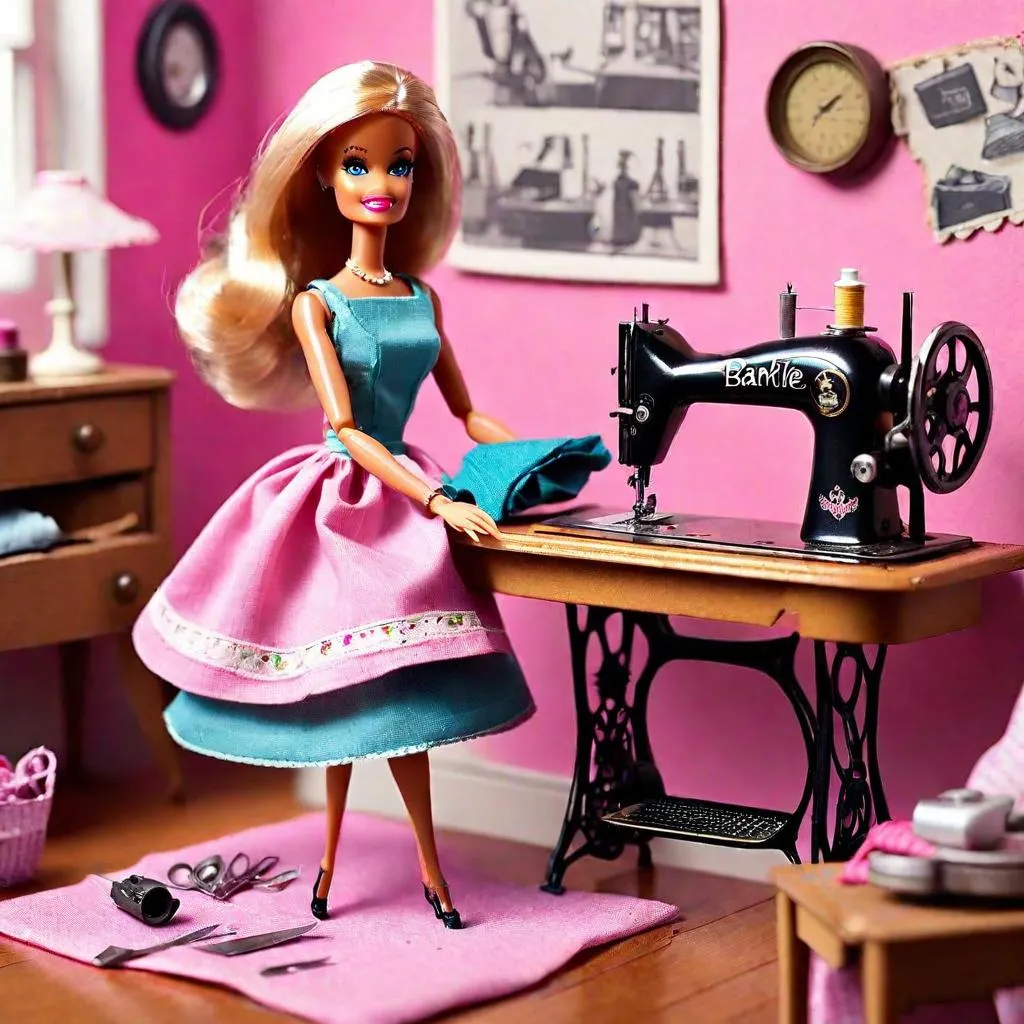 A doll sewing in a cozy, vintage home with warm light streaming through a window