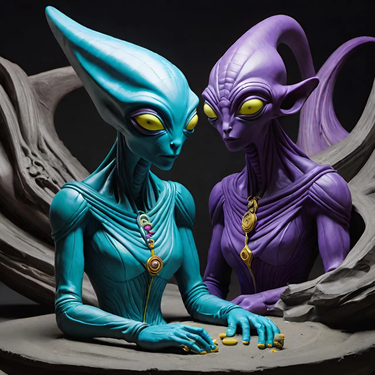 a statue of an alien and a demon sitting next to each other