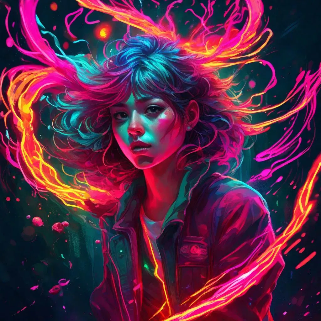 a painting of a woman with neon hair