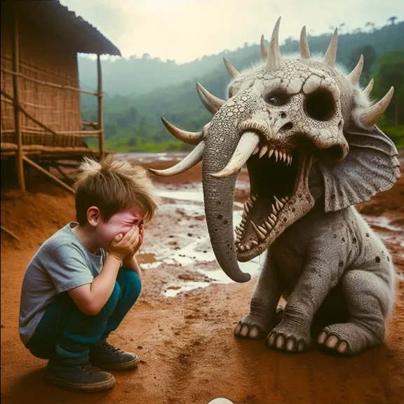 a boy kneeling down next to a statue of an elephant