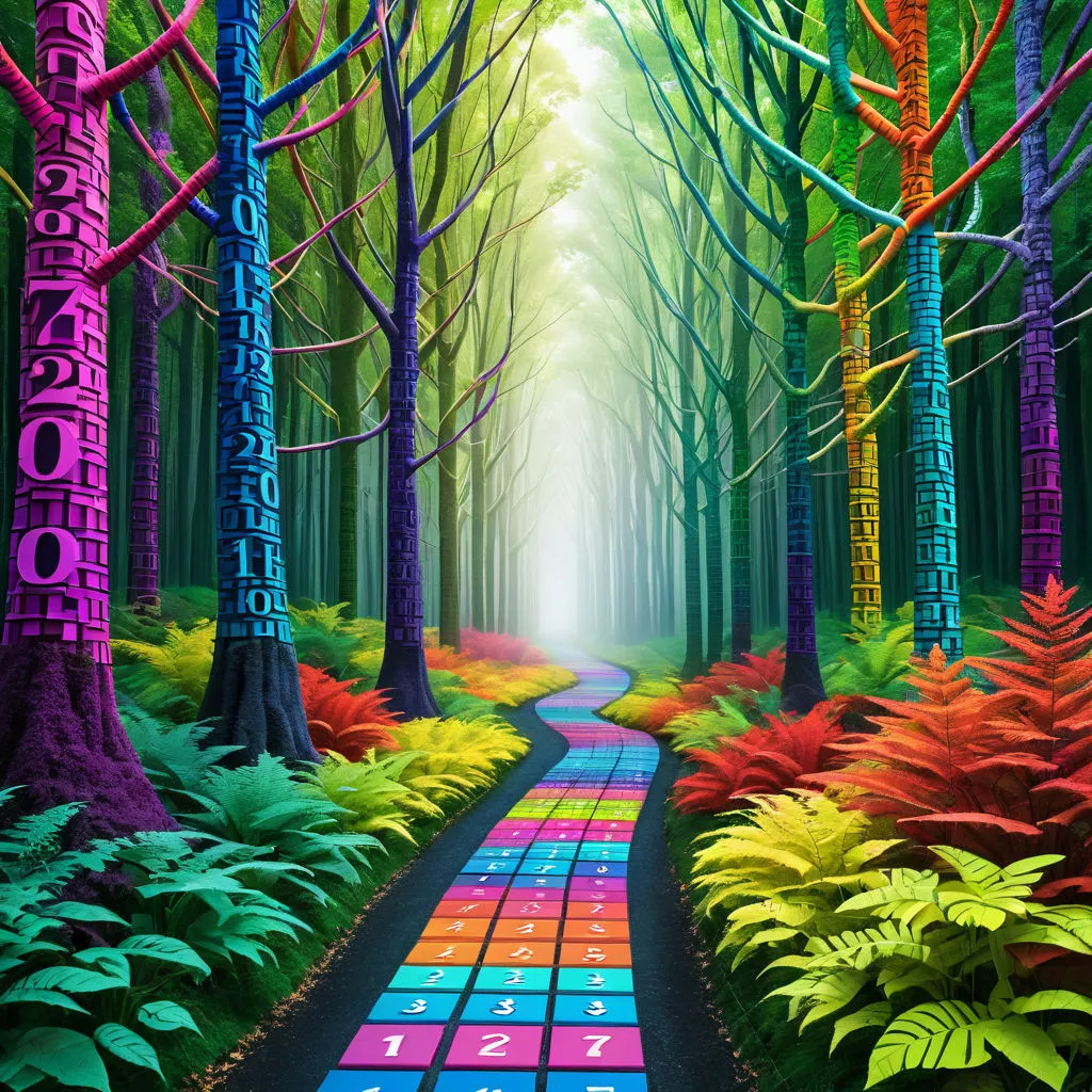a painting of a colorful path through a forest