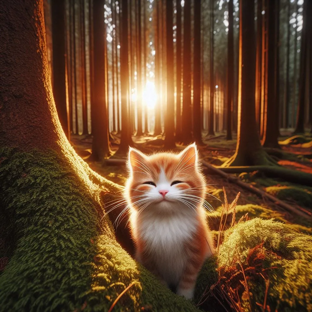 a cat sitting in the middle of a forest