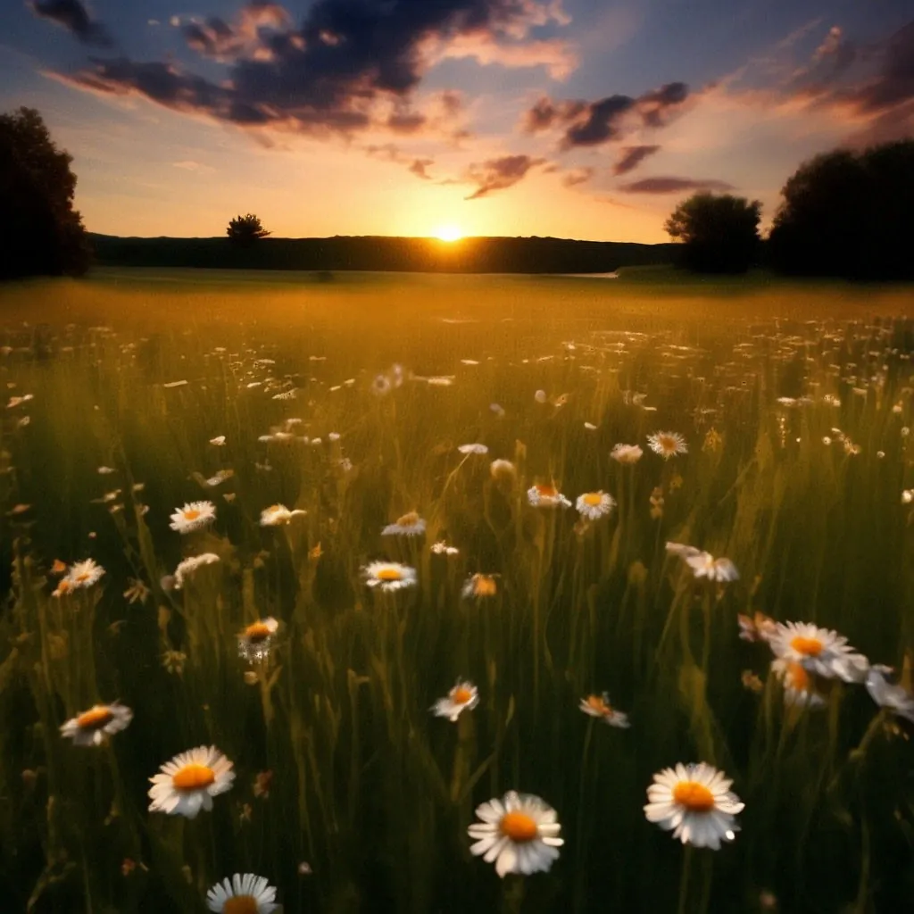 a field of daisies with the sun setting in the background