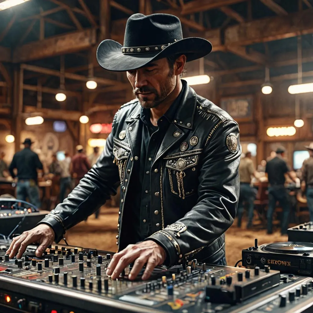 a man in a cowboy hat is mixing music