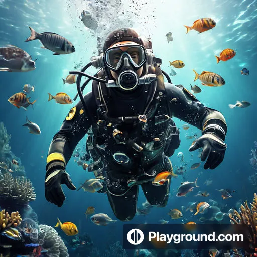 a man in a diving suit surrounded by fish