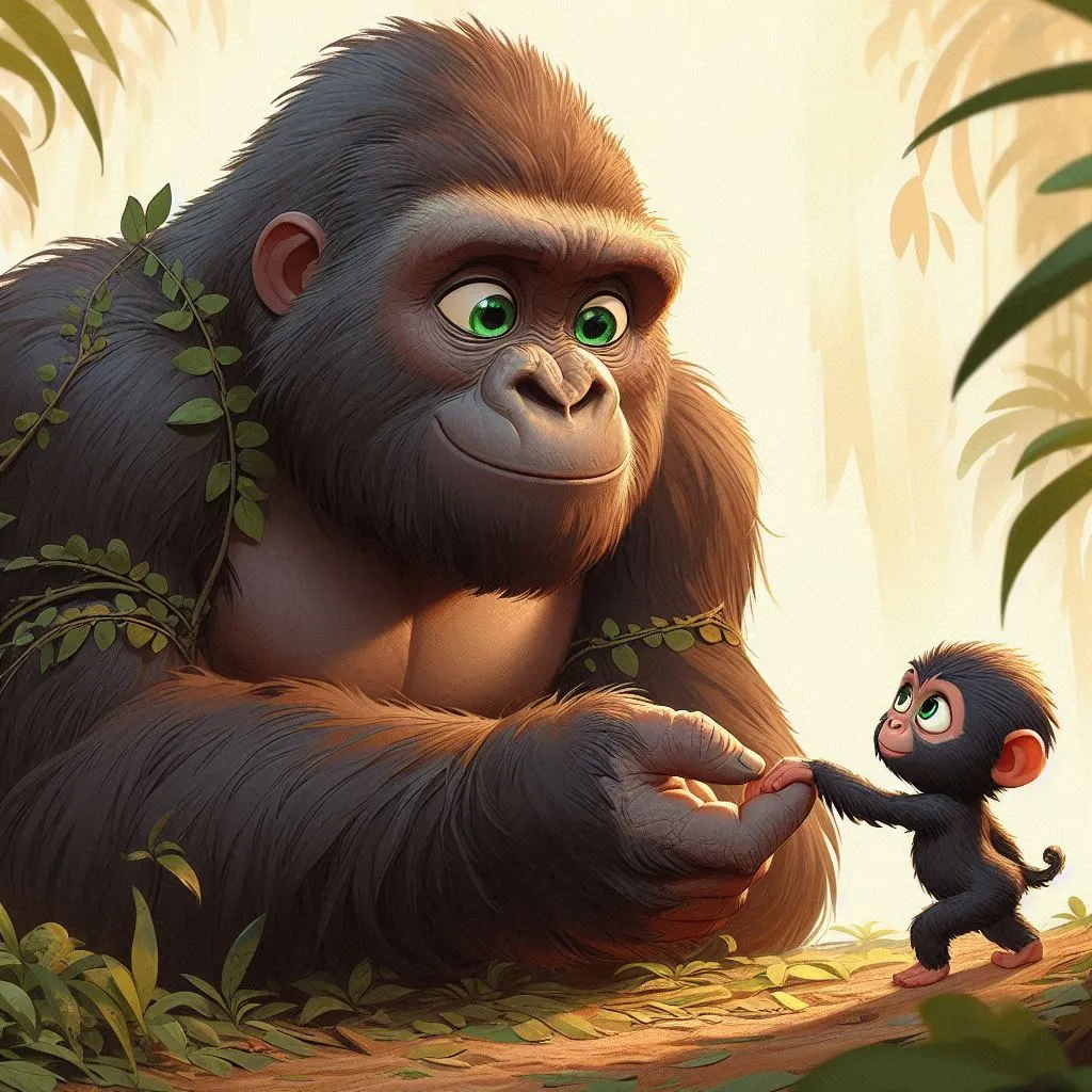 a gorilla and a baby gorilla in a jungle