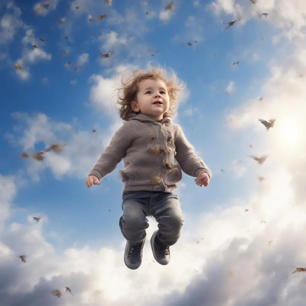 a young child is flying through the air